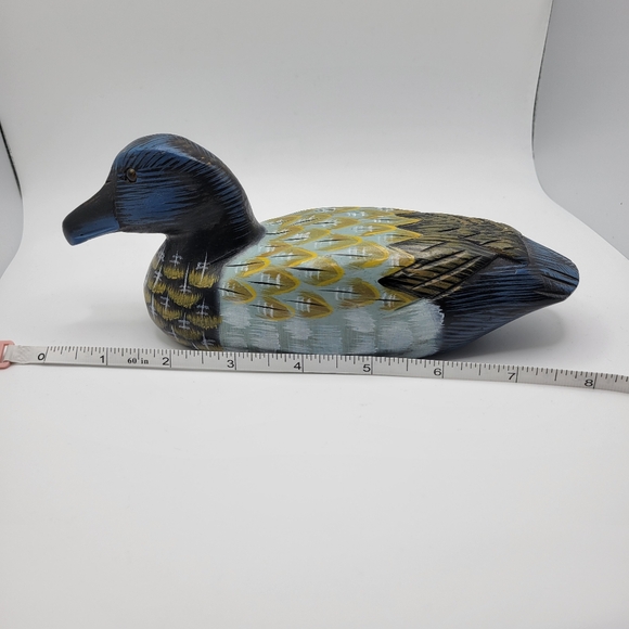 Wooden Duck Decoy Decor Handcarved Glass Eyes Hand Painted Small 3x8x2 - Picture 7 of 8